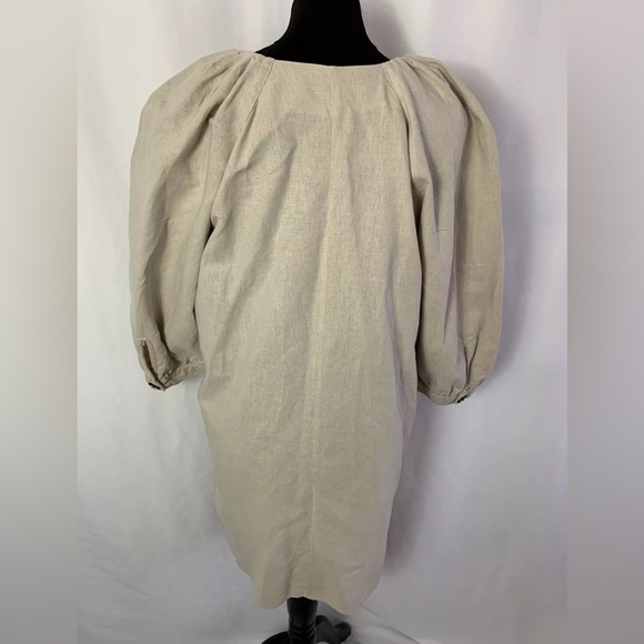 Zara Beige Linen Cotton Dress Size S Smock Oversize Puff Sleeve - Picture 2 of 8